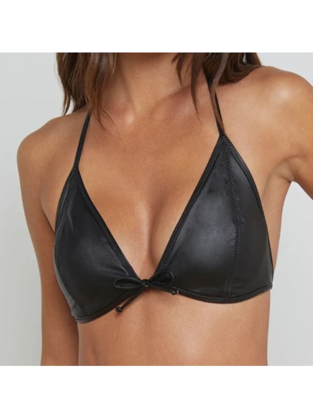 L'Agence Annabelle Faux Leather Bikini Top Black Triangle Tie Closure Small NEW